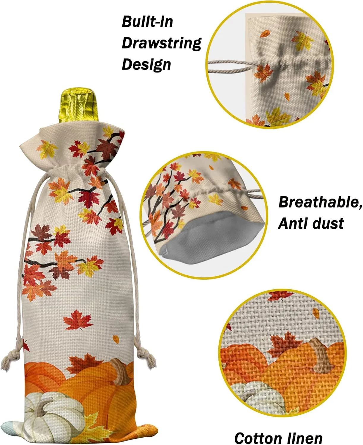 10 Pack Wine Bottle Bags, Thanksgiving Wine Bottle Cover with Drawstring, Farmhouse Fall Orange Teal Pumpkin Maple Leaves Gift Bag for Champagne, Wedding, Birthday, Party