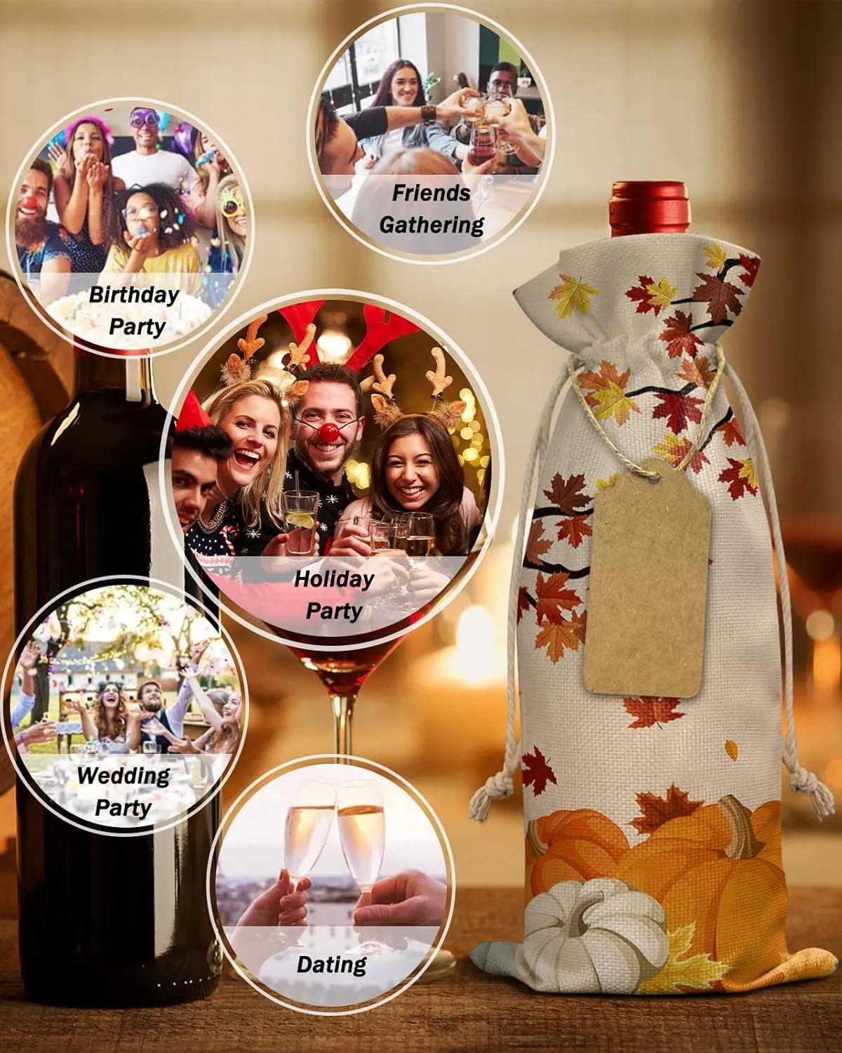 10 Pack Wine Bottle Bags, Thanksgiving Wine Bottle Cover with Drawstring, Farmhouse Fall Orange Teal Pumpkin Maple Leaves Gift Bag for Champagne, Wedding, Birthday, Party