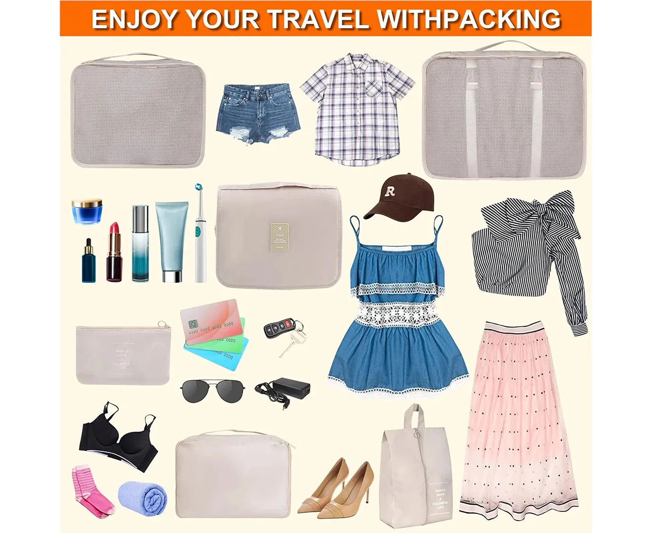 10 Packing Cubes Set for Travel Packing Organizers for Luggage Suitcase,Beige