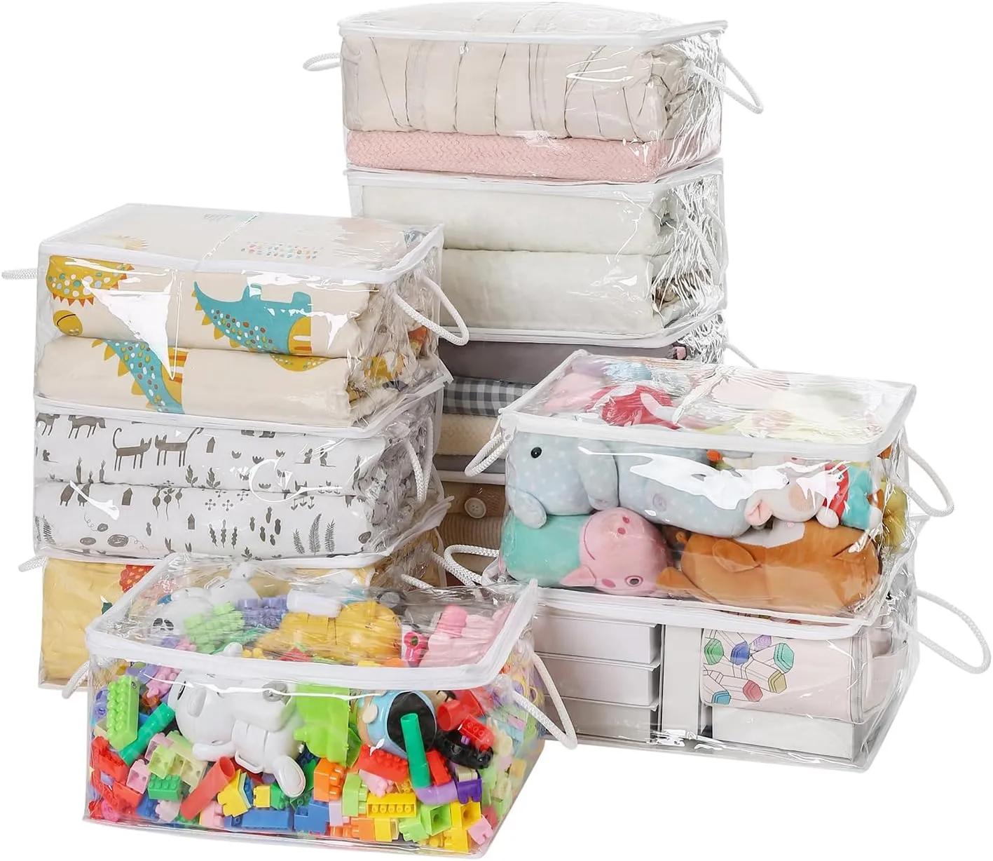 10 PCS Clear Zippered Storage Bags with Handle,Sweater Storage with Zipper,Foldable Closet Organizer Bed Sheet Organizer,Cube Plastic Storage Organizer,Bag,Bin for Clothes,Towel-15.7*11.8*7.9