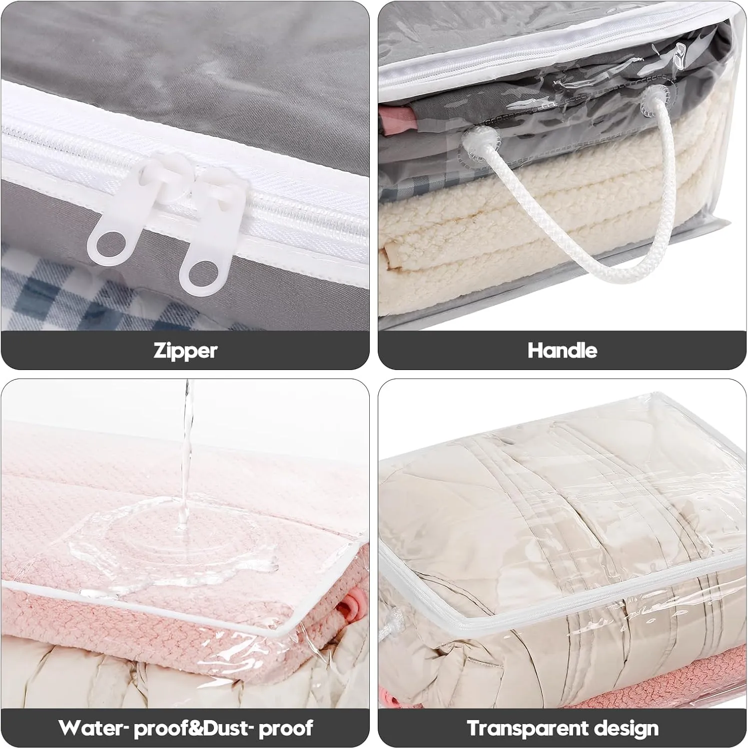 10 PCS Clear Zippered Storage Bags with Handle,Sweater Storage with Zipper,Foldable Closet Organizer Bed Sheet Organizer,Cube Plastic Storage Organizer,Bag,Bin for Clothes,Towel-15.7*11.8*7.9