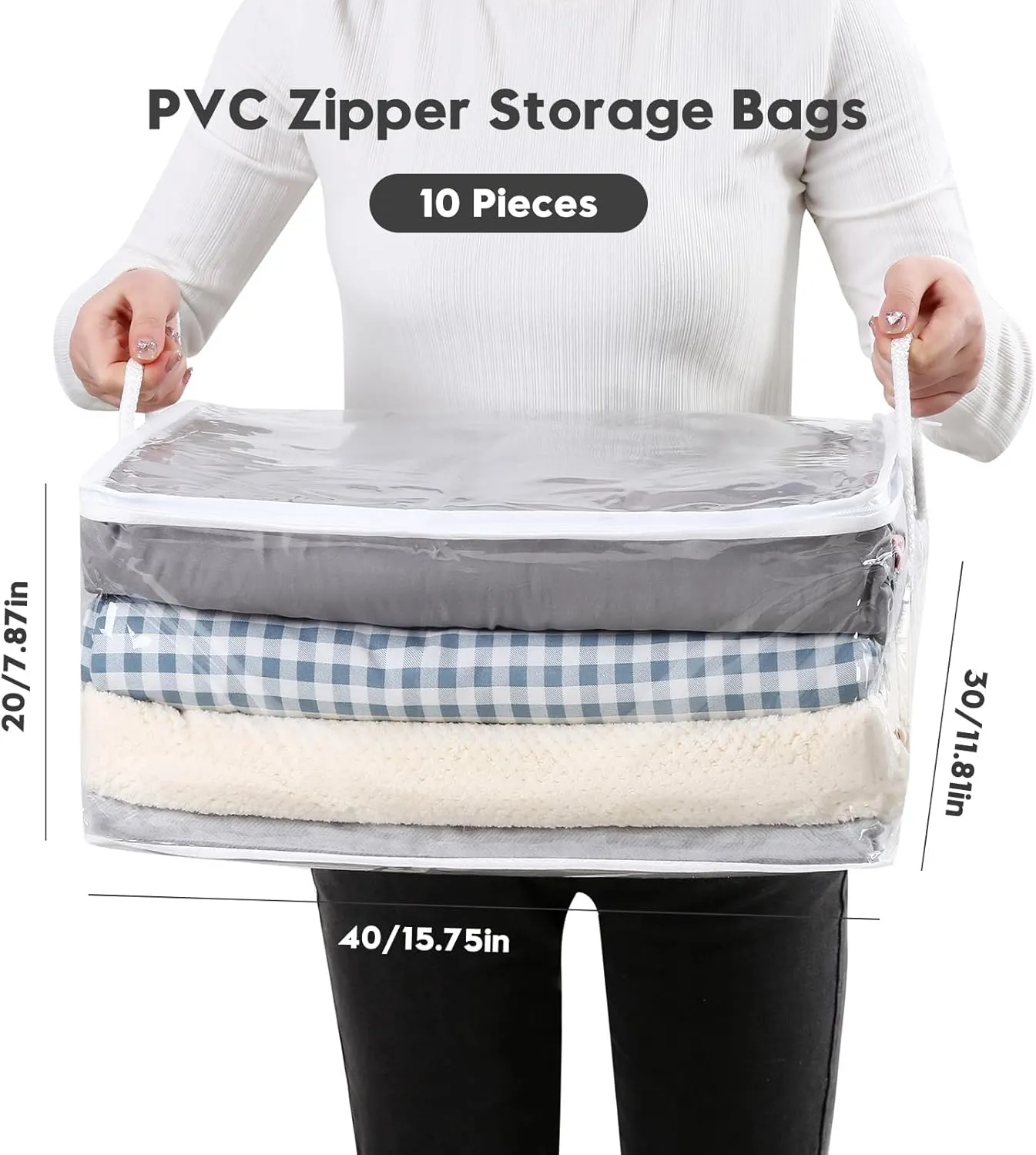 10 PCS Clear Zippered Storage Bags with Handle,Sweater Storage with Zipper,Foldable Closet Organizer Bed Sheet Organizer,Cube Plastic Storage Organizer,Bag,Bin for Clothes,Towel-15.7*11.8*7.9