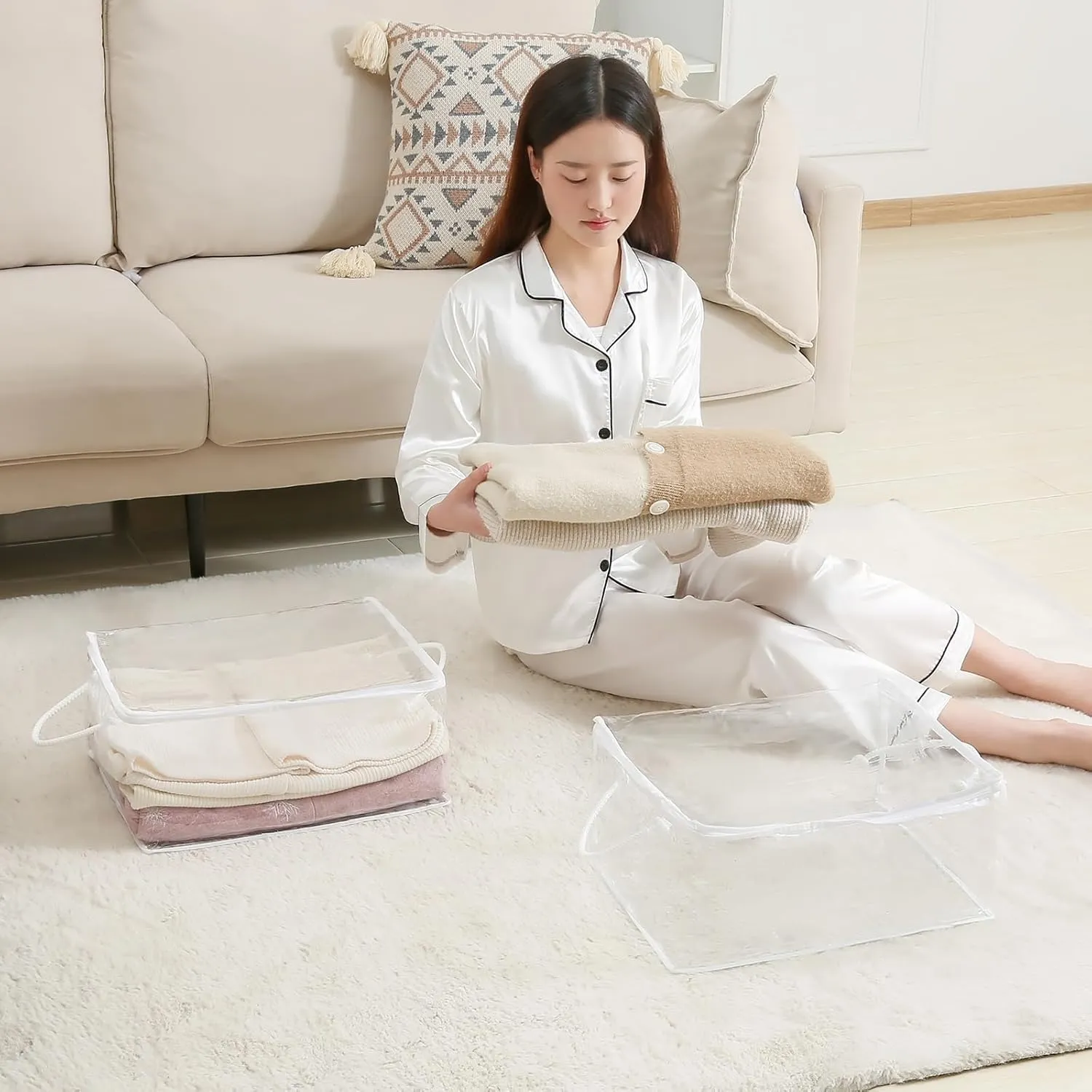 10 PCS Clear Zippered Storage Bags with Handle,Sweater Storage with Zipper,Foldable Closet Organizer Bed Sheet Organizer,Cube Plastic Storage Organizer,Bag,Bin for Clothes,Towel-15.7*11.8*7.9