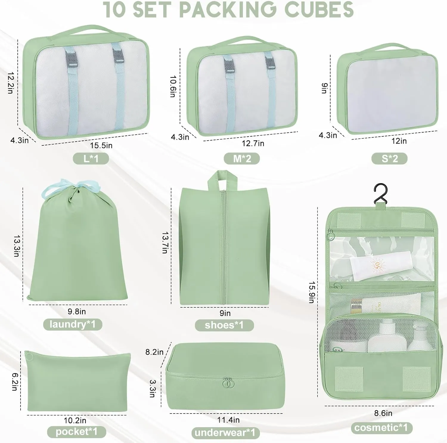 10 Set Packing Cubes for Travel, Luggage Organizer Bags with Hanging Toiletry Bag and Shoe Bag, Travel Packing Cubes for Carry on Suitcase Luggage Accessories Vacation Essentials (Black)