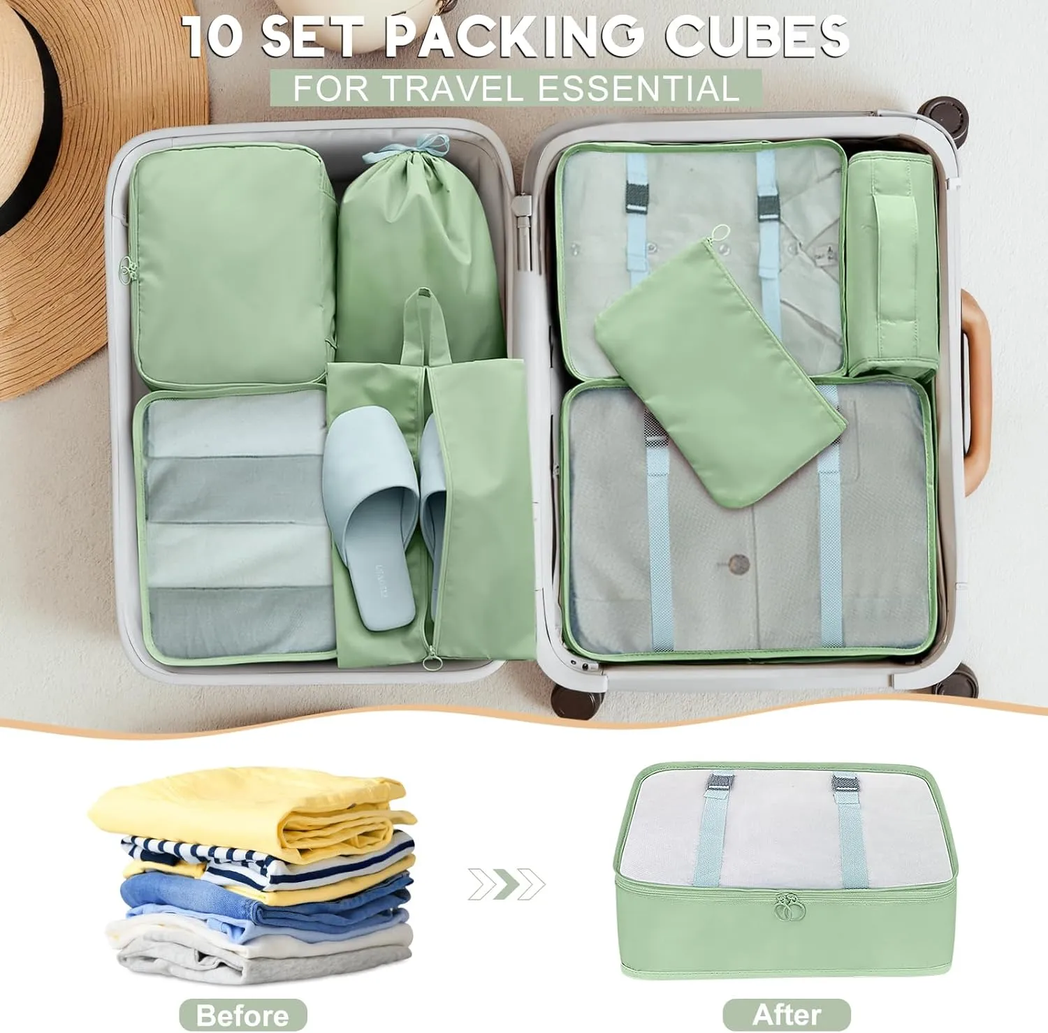 10 Set Packing Cubes for Travel, Luggage Organizer Bags with Hanging Toiletry Bag and Shoe Bag, Travel Packing Cubes for Carry on Suitcase Luggage Accessories Vacation Essentials (Black)