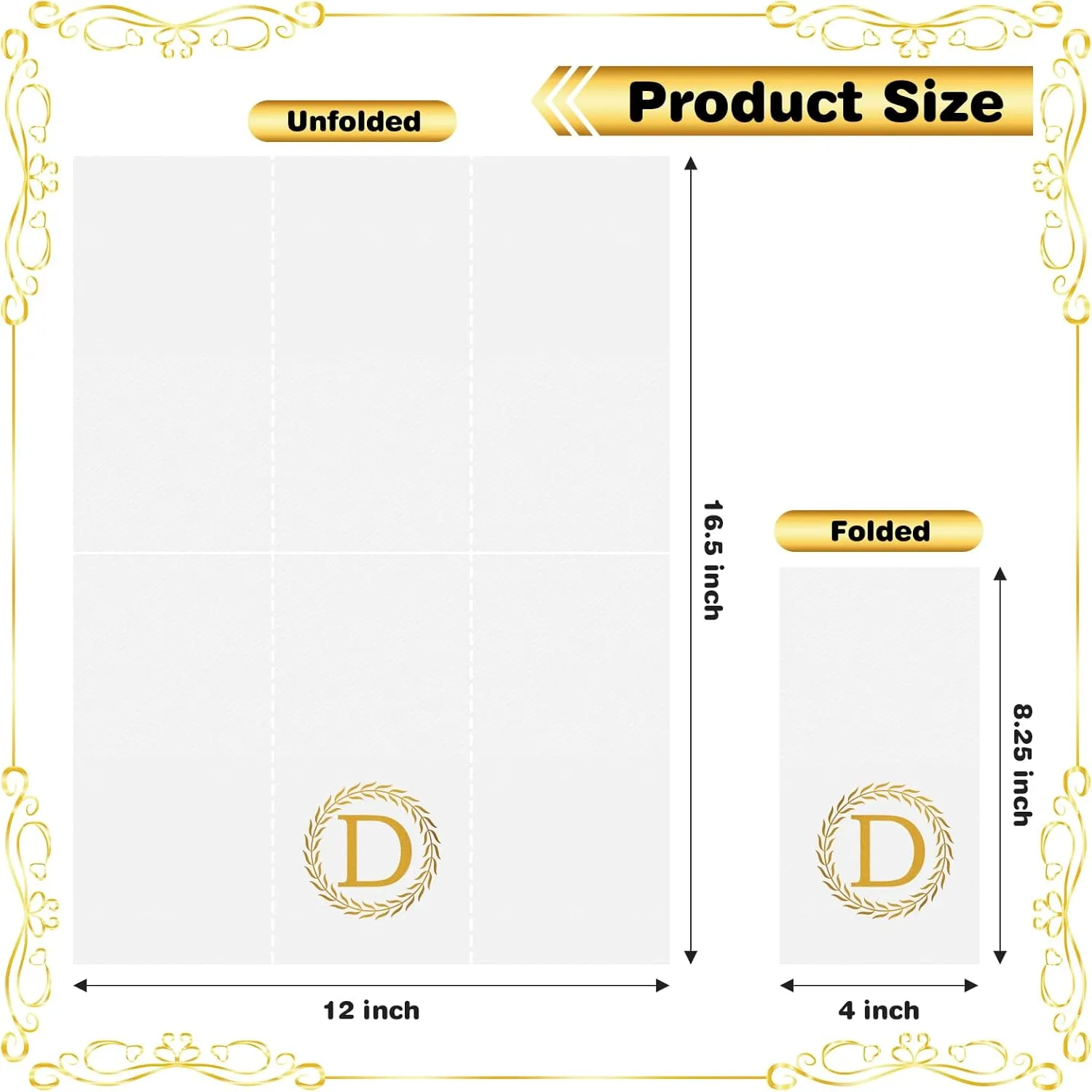 100 Gold Monogram Disposable Napkins - Letter D Hand Towels Decorative, Dinner Napkins for Guest, Monogrammed Hand Towels for Bathroom Wedding Birthday Party Baby Shower