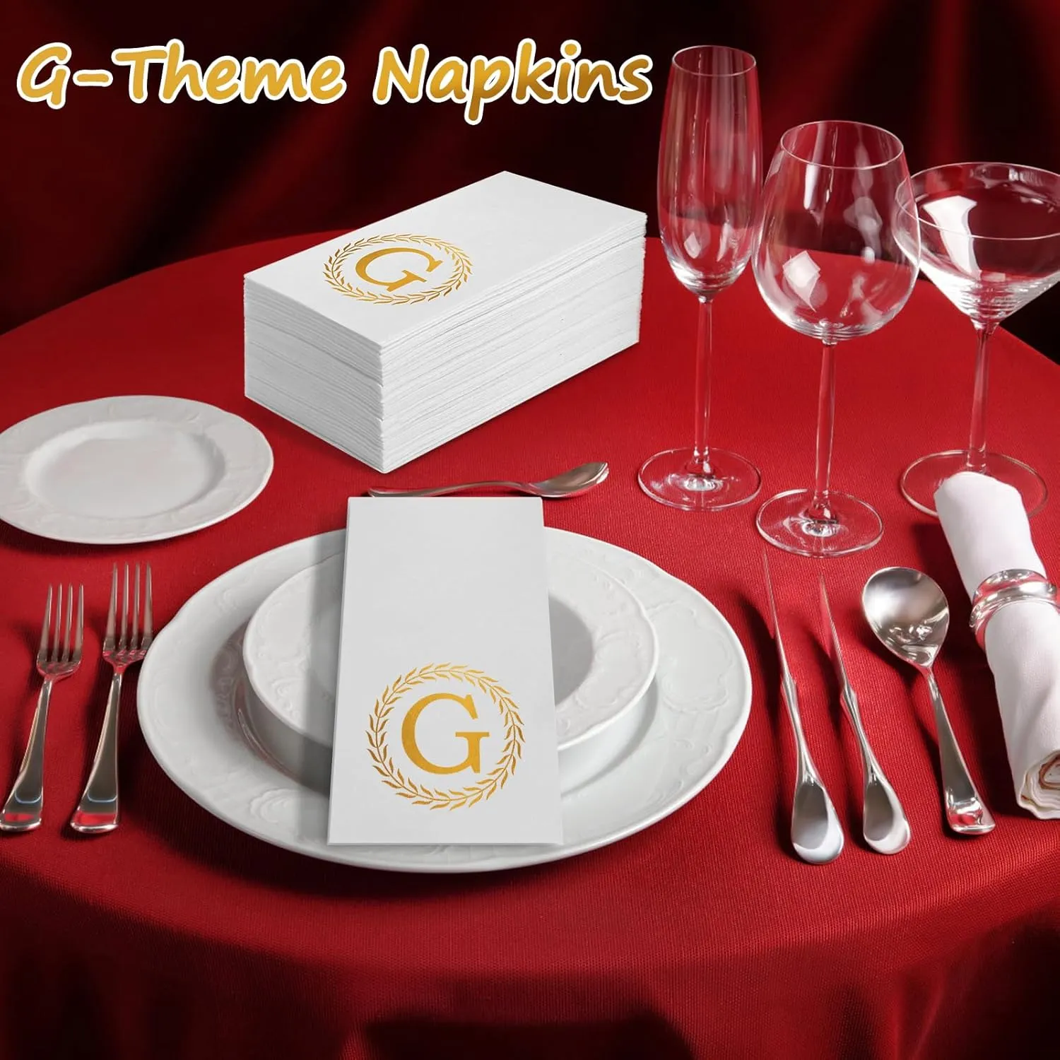 100 Gold Monogram Disposable Napkins - Letter G Hand Towels Decorative, Dinner Napkins for Guest, Monogrammed Hand Towels for Bathroom Wedding Birthday Party Baby Shower