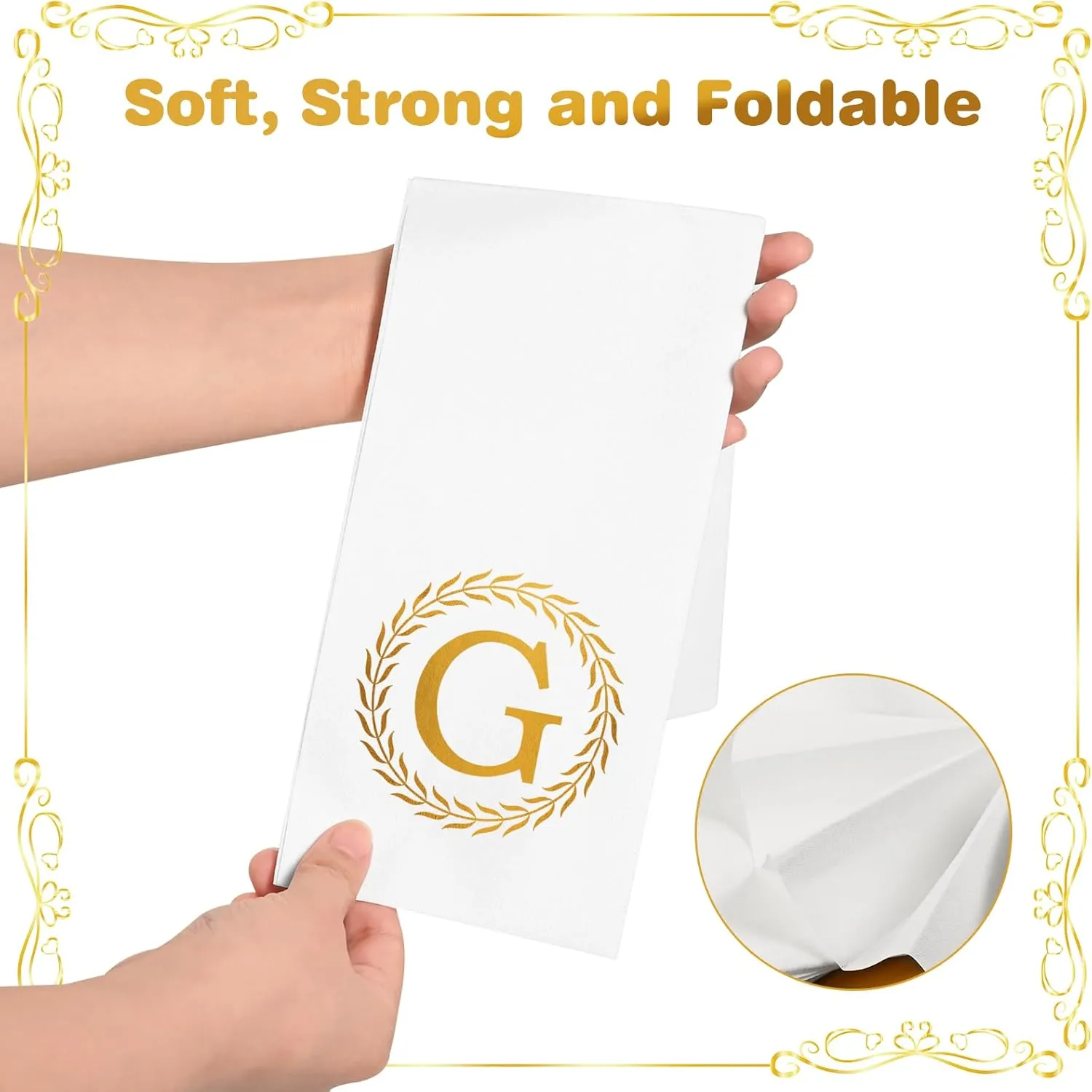 100 Gold Monogram Disposable Napkins - Letter G Hand Towels Decorative, Dinner Napkins for Guest, Monogrammed Hand Towels for Bathroom Wedding Birthday Party Baby Shower
