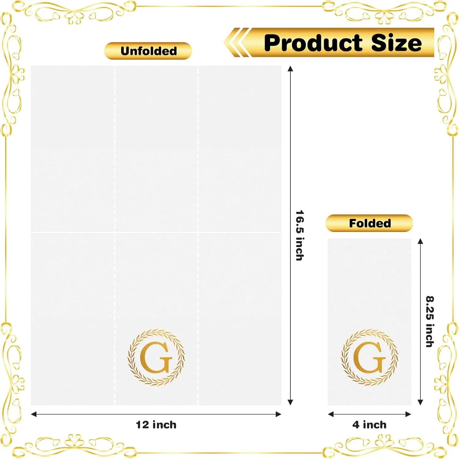 100 Gold Monogram Disposable Napkins - Letter G Hand Towels Decorative, Dinner Napkins for Guest, Monogrammed Hand Towels for Bathroom Wedding Birthday Party Baby Shower