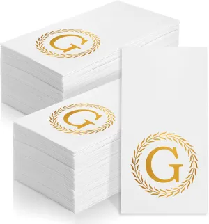 100 Gold Monogram Disposable Napkins - Letter G Hand Towels Decorative, Dinner Napkins for Guest, Monogrammed Hand Towels for Bathroom Wedding Birthday Party Baby Shower