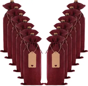 12 Pieces Burlap Wine Bags Jute Wine Bottle Bags with Drawstrings Reusable Wine Gift Bags with Tags for Christmas Holiday Party Birthday Wedding Travel Housewarming (Red)