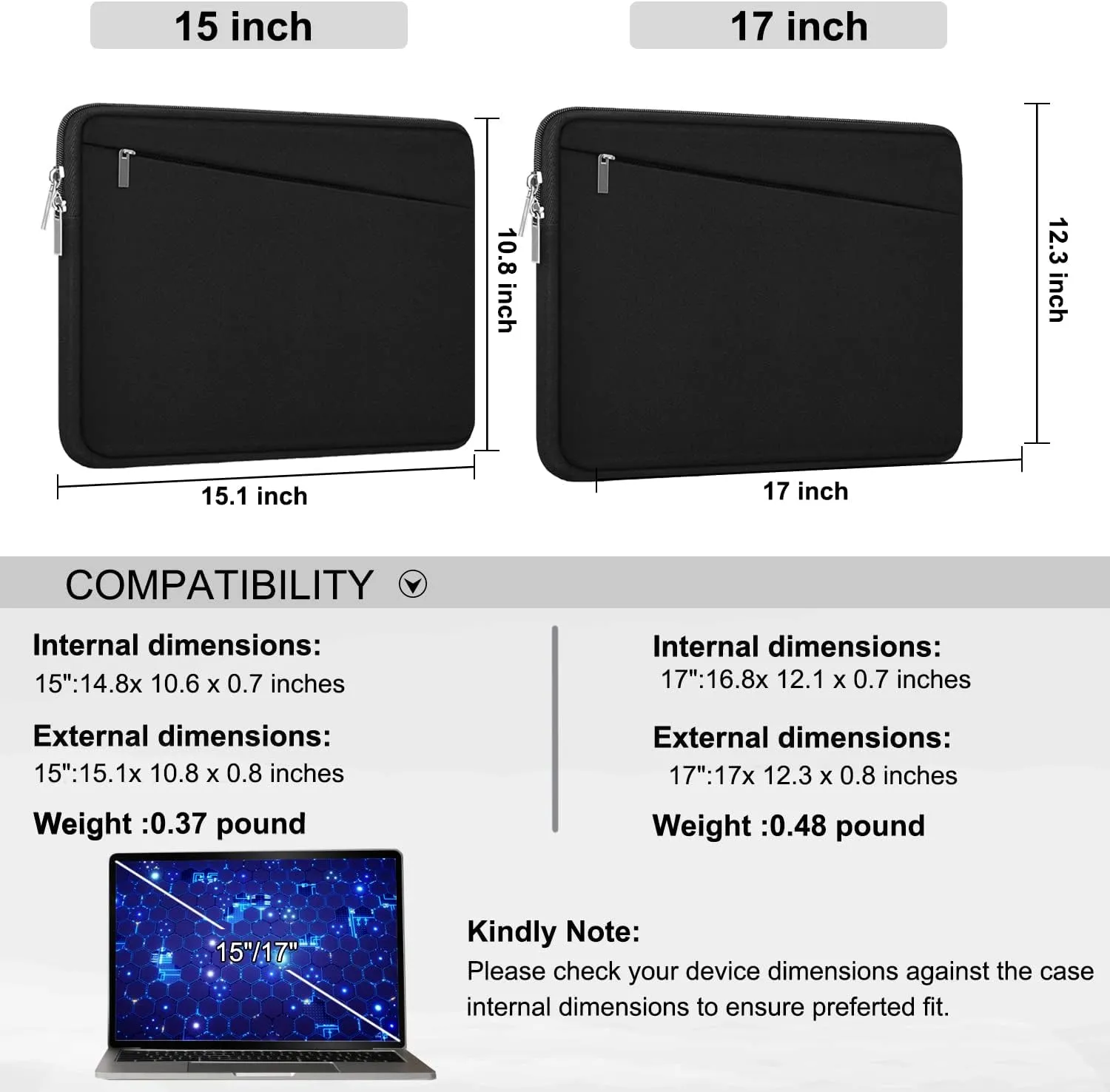 15 Inch Laptop Sleeve, Durable Computer Carrying Bag Protective Case Cover Briefcase Handbag with Front Pocket, Slim Laptop Case Cover for 15 15.4 Inch HP, Dell, Lenovo, Asus, Notebook, Black