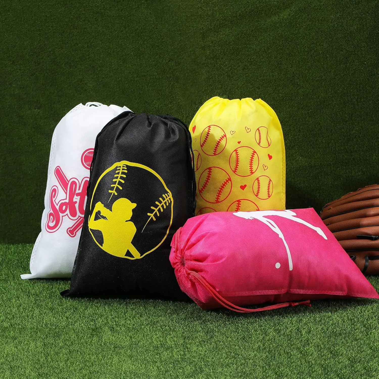 16 Pcs Softball Party Favor Bag Kids Drawstring Softball Bag, Non Woven Goodie & Treat Pack for Ball Themed Birthday Sports Party Gift, 12.6 x 8.7 Inches