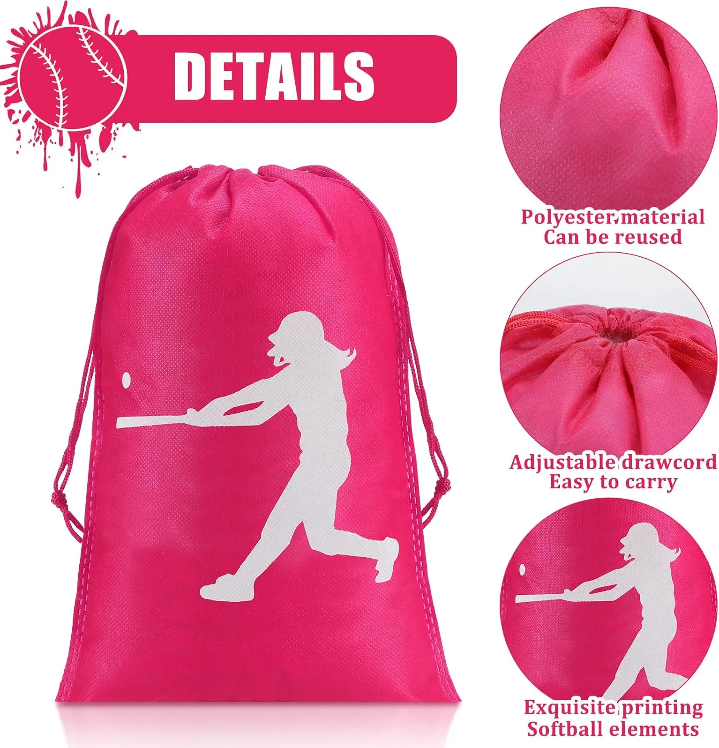 16 Pcs Softball Party Favor Bag Kids Drawstring Softball Bag, Non Woven Goodie & Treat Pack for Ball Themed Birthday Sports Party Gift, 12.6 x 8.7 Inches