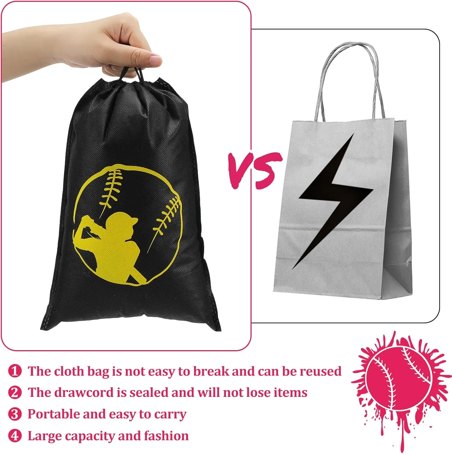 16 Pcs Softball Party Favor Bag Kids Drawstring Softball Bag, Non Woven Goodie & Treat Pack for Ball Themed Birthday Sports Party Gift, 12.6 x 8.7 Inches