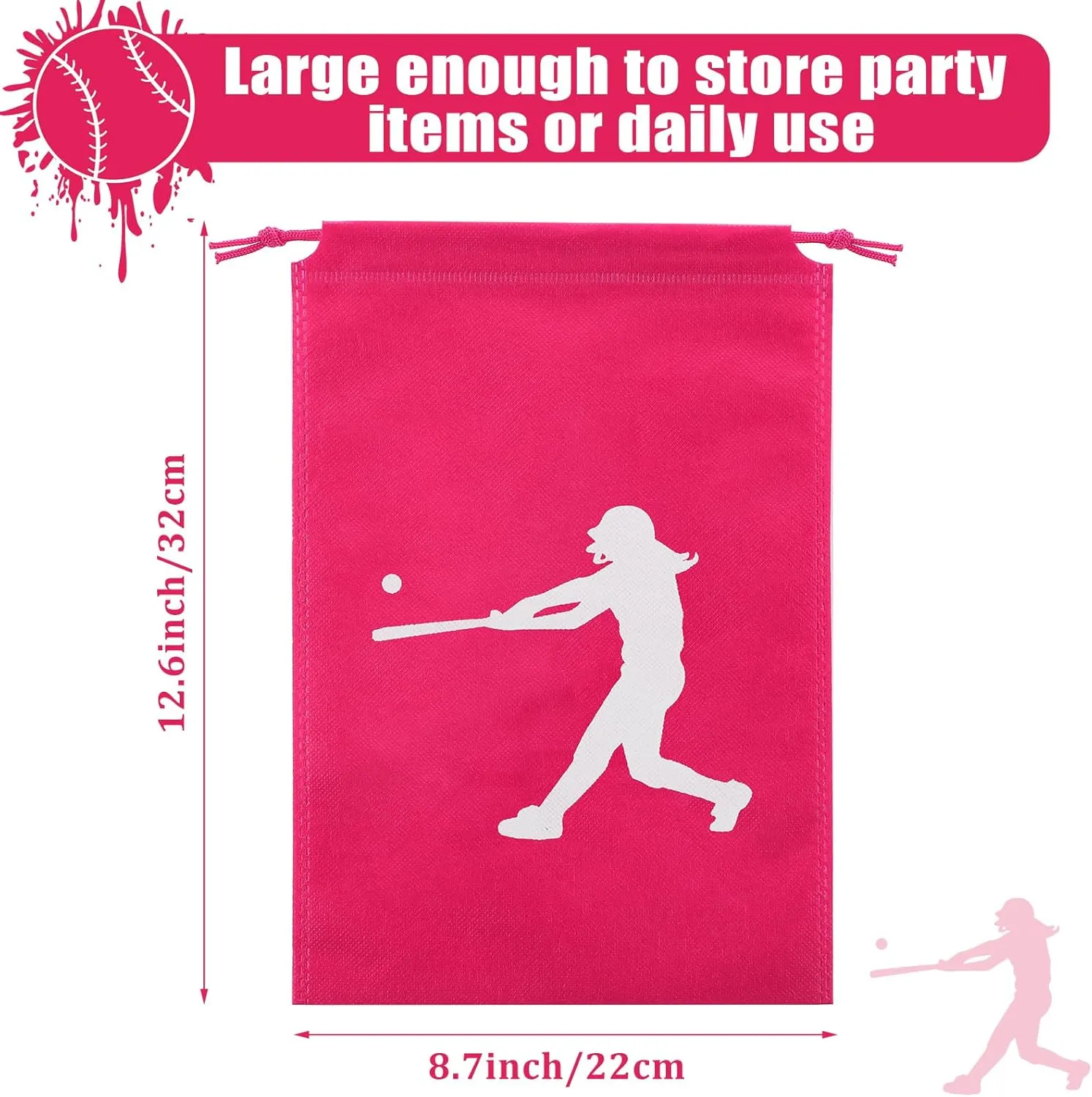 16 Pcs Softball Party Favor Bag Kids Drawstring Softball Bag, Non Woven Goodie & Treat Pack for Ball Themed Birthday Sports Party Gift, 12.6 x 8.7 Inches