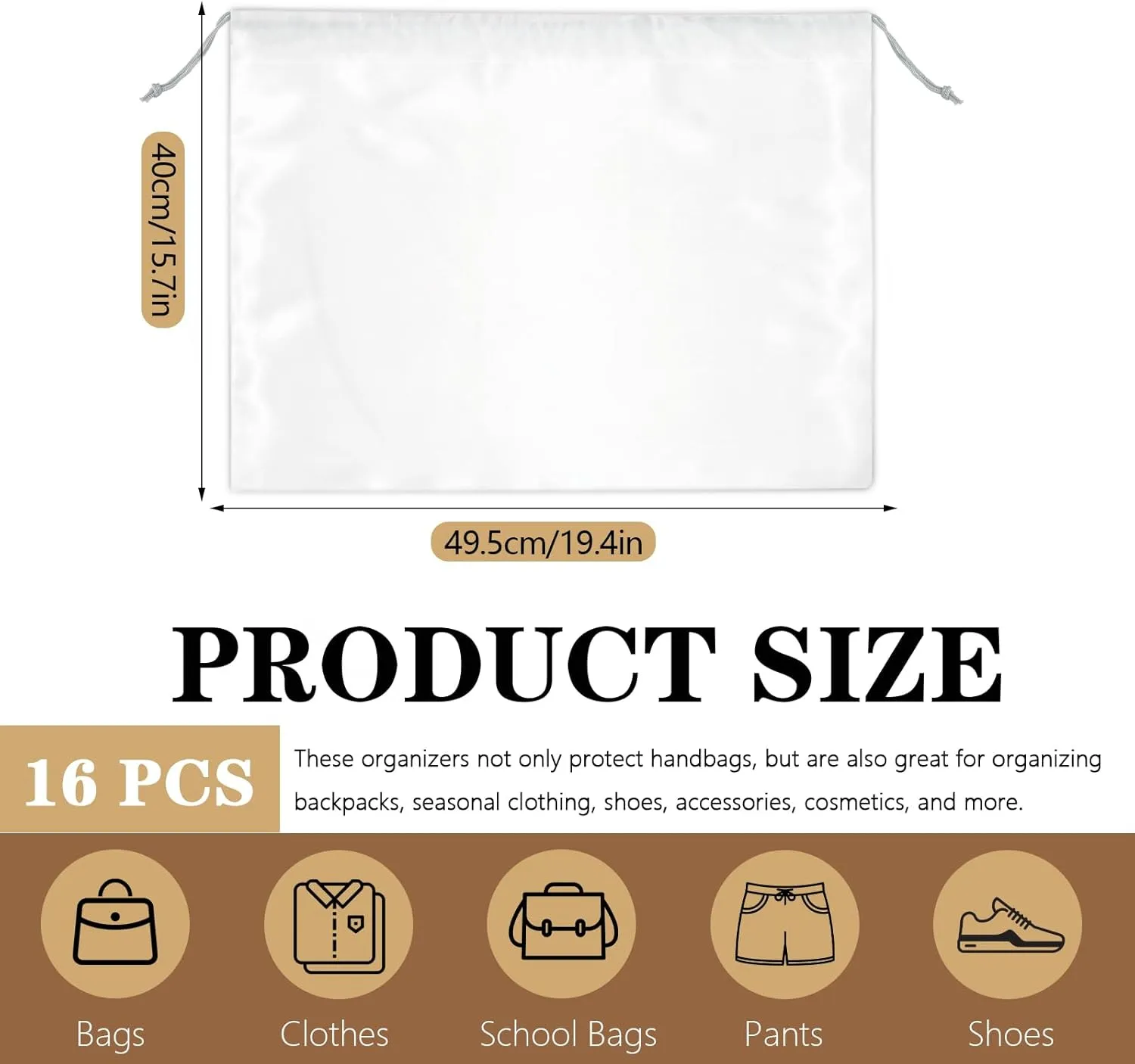 16pcs Dust Bags for Handbags, Silk Drawstring Bags Purse Dust Covers for Handbags, Drawstring Travel Organizer Pouch for Shoes Handbags Purses(White)