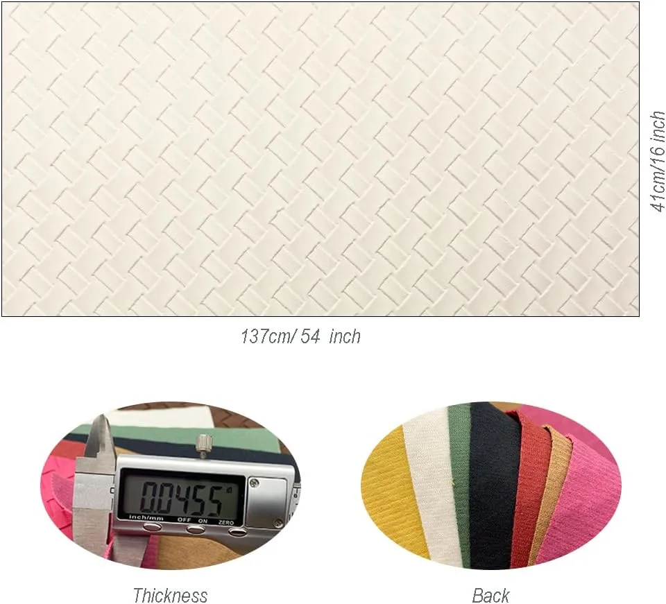 16" x 54" Braided Faux Leather Roll 40x135cm Embossed Basket Weave Texture Synthetic Leather Fabric for Making Leaf Earrings Hair Bow Handbag and DIY Crafts-White