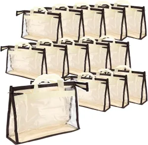 18 Pack 3 Sizes Clear Handbag Storage, Clear Purse Protector Bag with Zipper and Handle Purse Storage Dust Bags for Closet, Beige and Clear