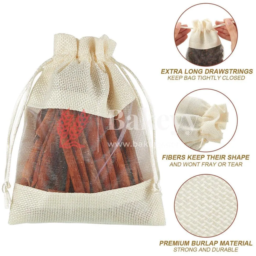 18x24 CM | Cream | Jute Potli Window Bag | Gift Return Gifts Bags| Drawstring Bags