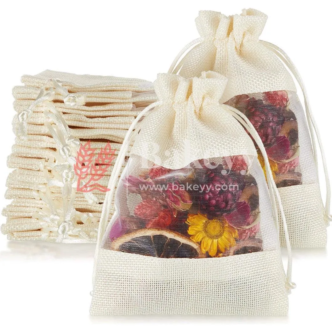 18x24 CM | Cream | Jute Potli Window Bag | Gift Return Gifts Bags| Drawstring Bags