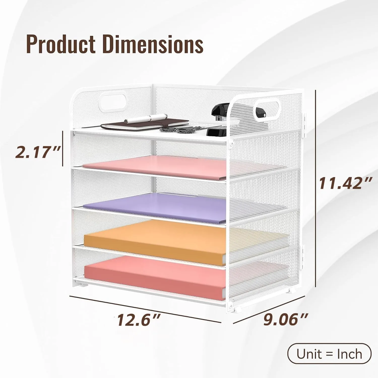 2 Pack 5-Tier White Desk Organizer with Handle Mesh Desk File/Paper Organizer Letter Tray for Office, School and Home Easy Installation