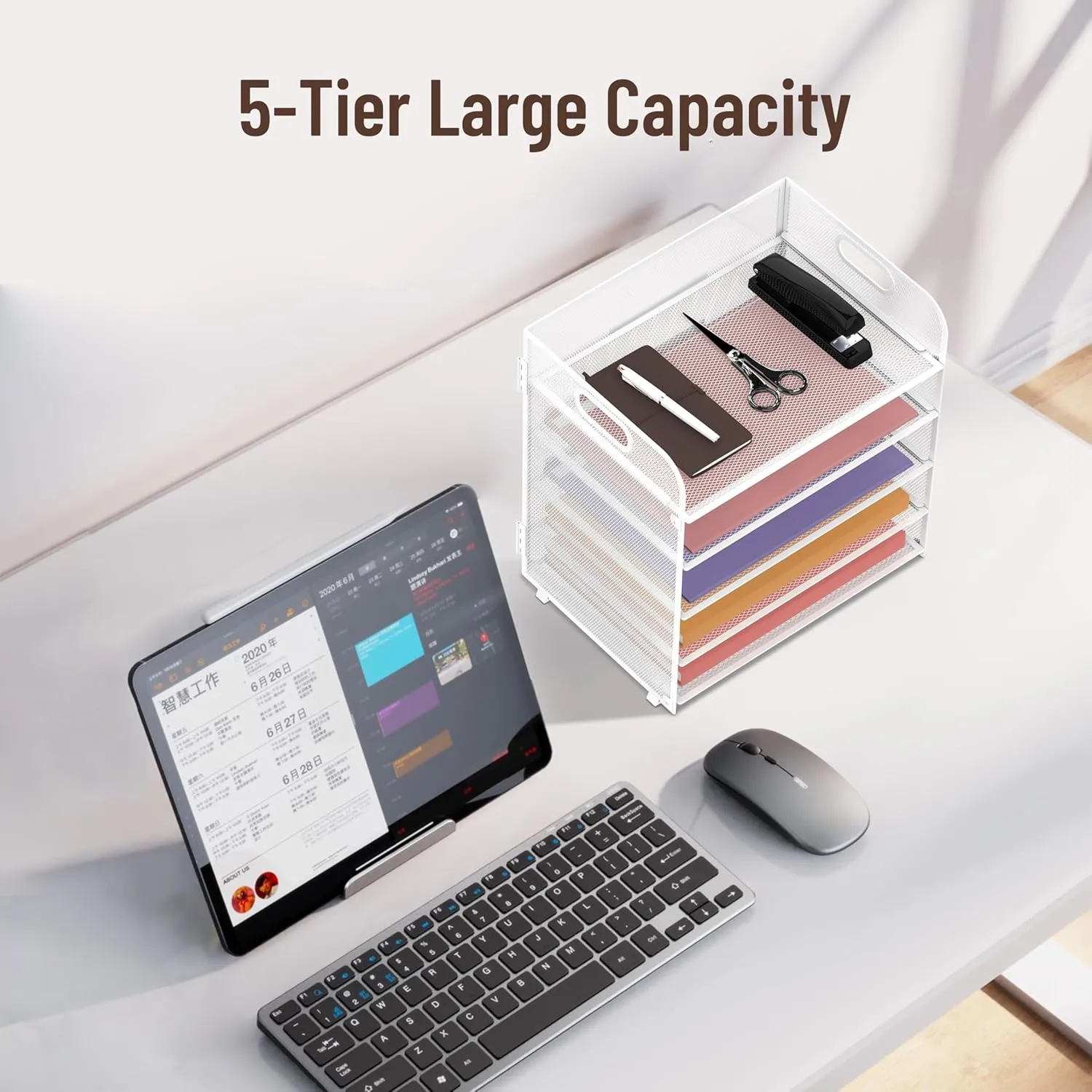 2 Pack 5-Tier White Desk Organizer with Handle Mesh Desk File/Paper Organizer Letter Tray for Office, School and Home Easy Installation
