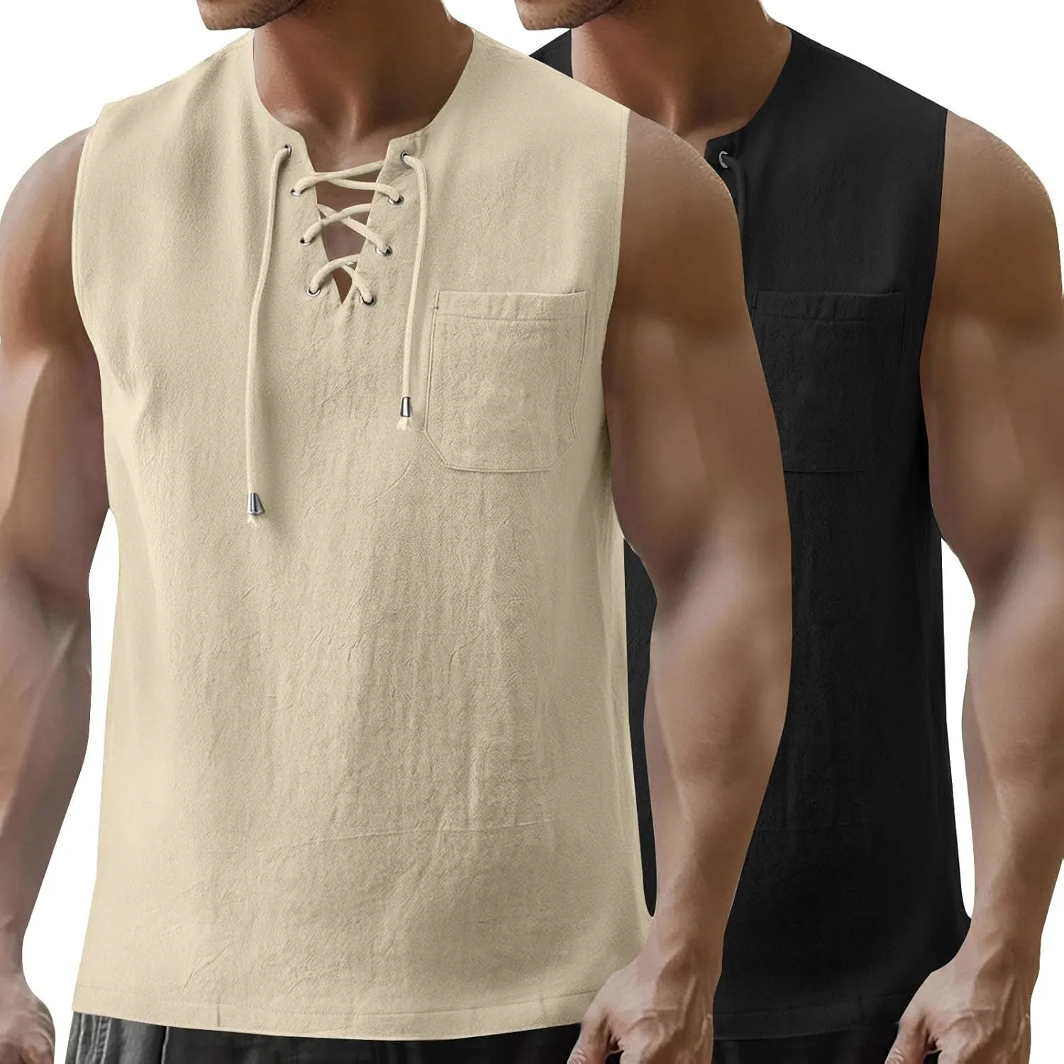 2 Pack Linen Shirts for Men Sleeveless Lace Up V Neck Tank Tops with Chest Pocket Casual Summer Beach Henley Shirt