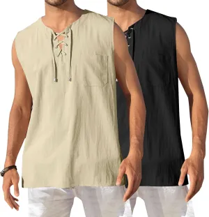 2 Pack Linen Shirts for Men Sleeveless Lace Up V Neck Tank Tops with Chest Pocket Casual Summer Beach Henley Shirt