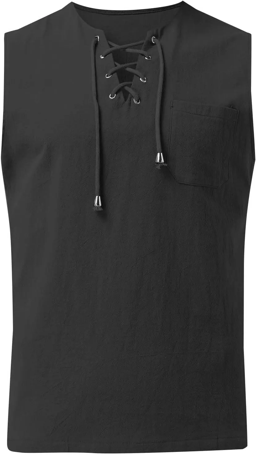 2 Pack Linen Shirts for Men Sleeveless Lace Up V Neck Tank Tops with Chest Pocket Casual Summer Beach Henley Shirt