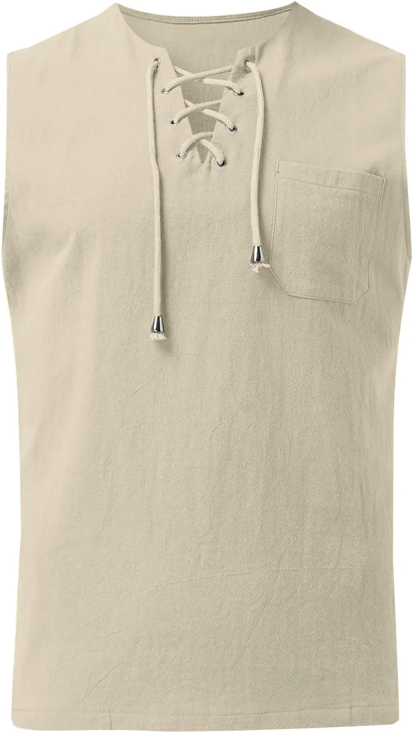 2 Pack Linen Shirts for Men Sleeveless Lace Up V Neck Tank Tops with Chest Pocket Casual Summer Beach Henley Shirt