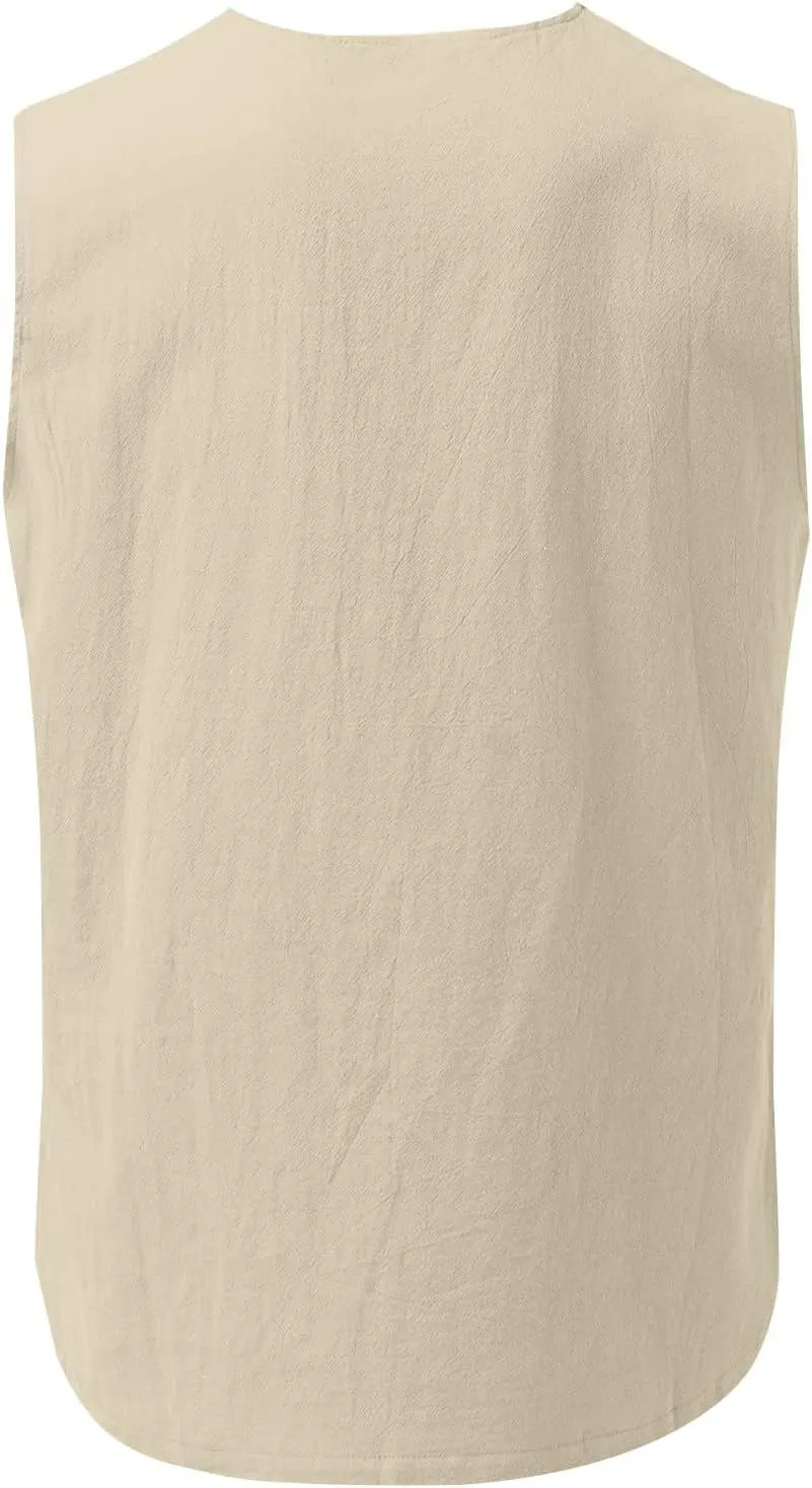 2 Pack Linen Shirts for Men Sleeveless Lace Up V Neck Tank Tops with Chest Pocket Casual Summer Beach Henley Shirt