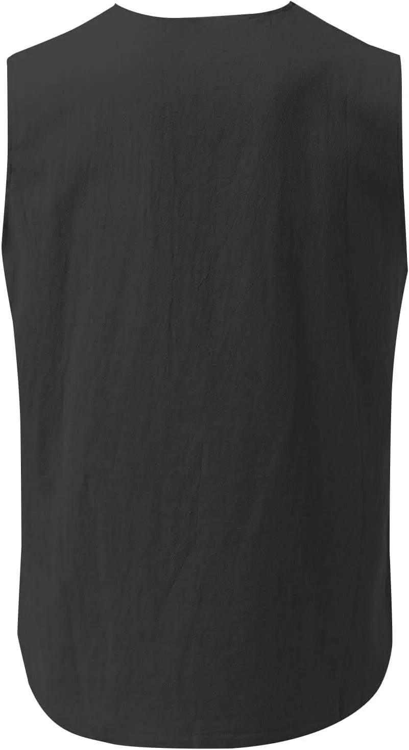 2 Pack Linen Shirts for Men Sleeveless Lace Up V Neck Tank Tops with Chest Pocket Casual Summer Beach Henley Shirt