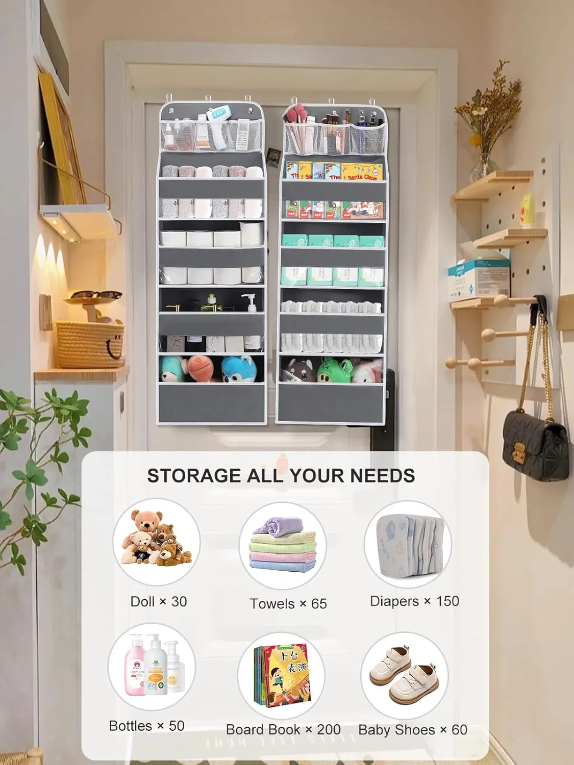2 Pack Over the Door Organizer with 4 Large Capacity Pocket, 55lb Load Heavy Duty Kid's Room Organizer for Diaper Toys Behind Door Hanging Organizers for Bathroom Nursery Baby Closet Organizer