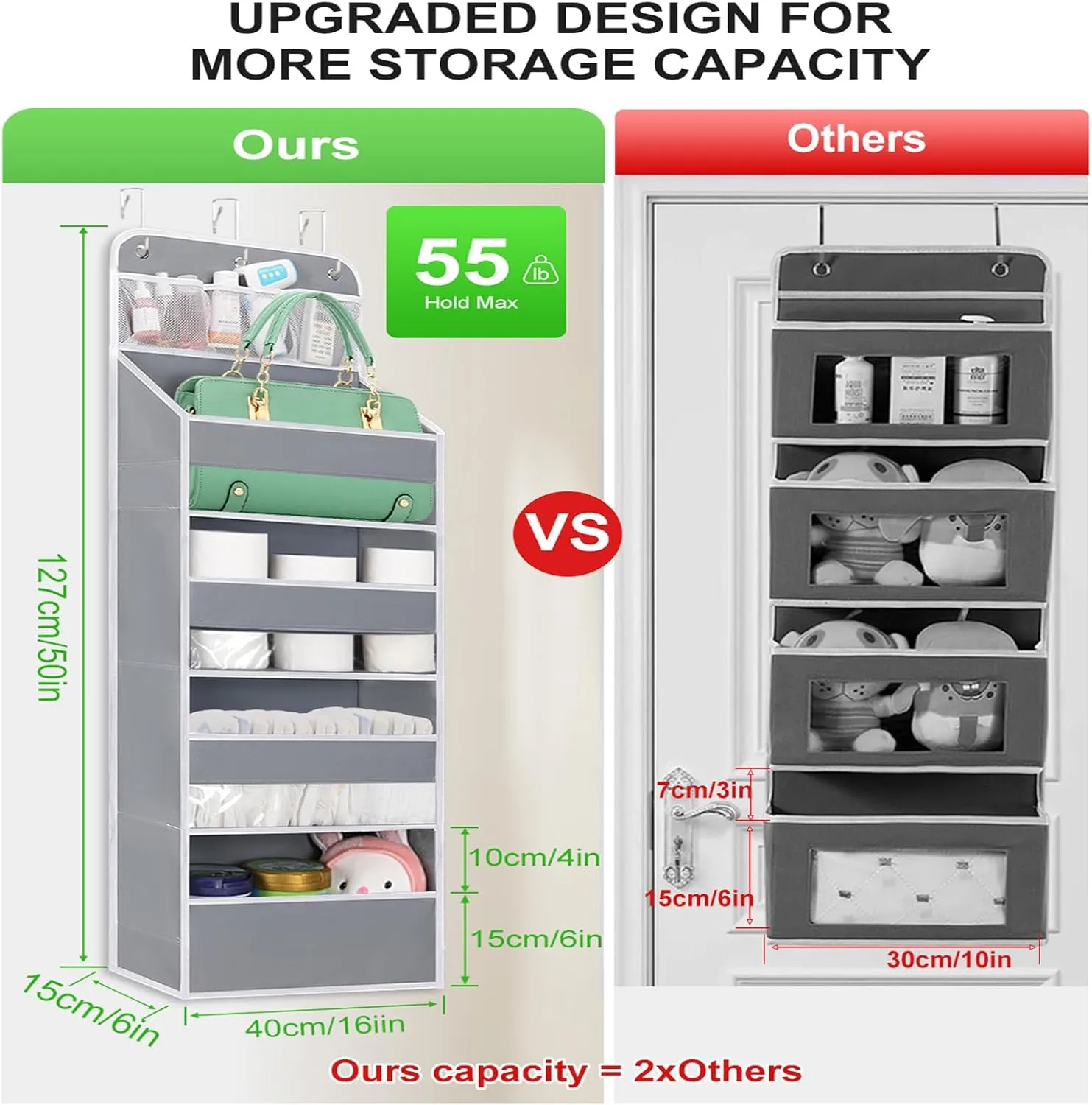 2 Pack Over the Door Organizer with 4 Large Capacity Pocket, 55lb Load Heavy Duty Kid's Room Organizer for Diaper Toys Behind Door Hanging Organizers for Bathroom Nursery Baby Closet Organizer