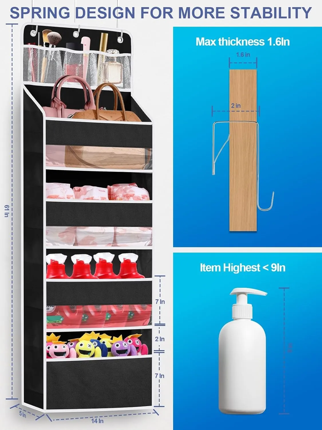 2 Pack Over the Door Storage Organizer, Space Saving Closet Hanging Organizer Large Capacity Behind Door Storage for Nursery Baby Essentials Pantry Bathroom Bedroom Diaper Organizer, Black