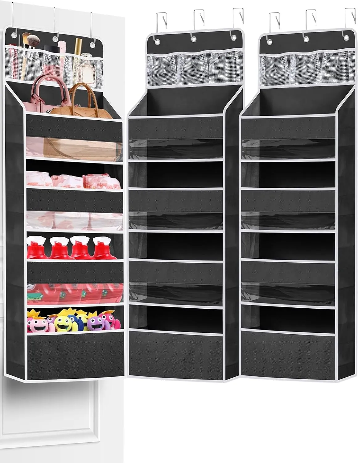 2 Pack Over the Door Storage Organizer, Space Saving Closet Hanging Organizer Large Capacity Behind Door Storage for Nursery Baby Essentials Pantry Bathroom Bedroom Diaper Organizer, Black