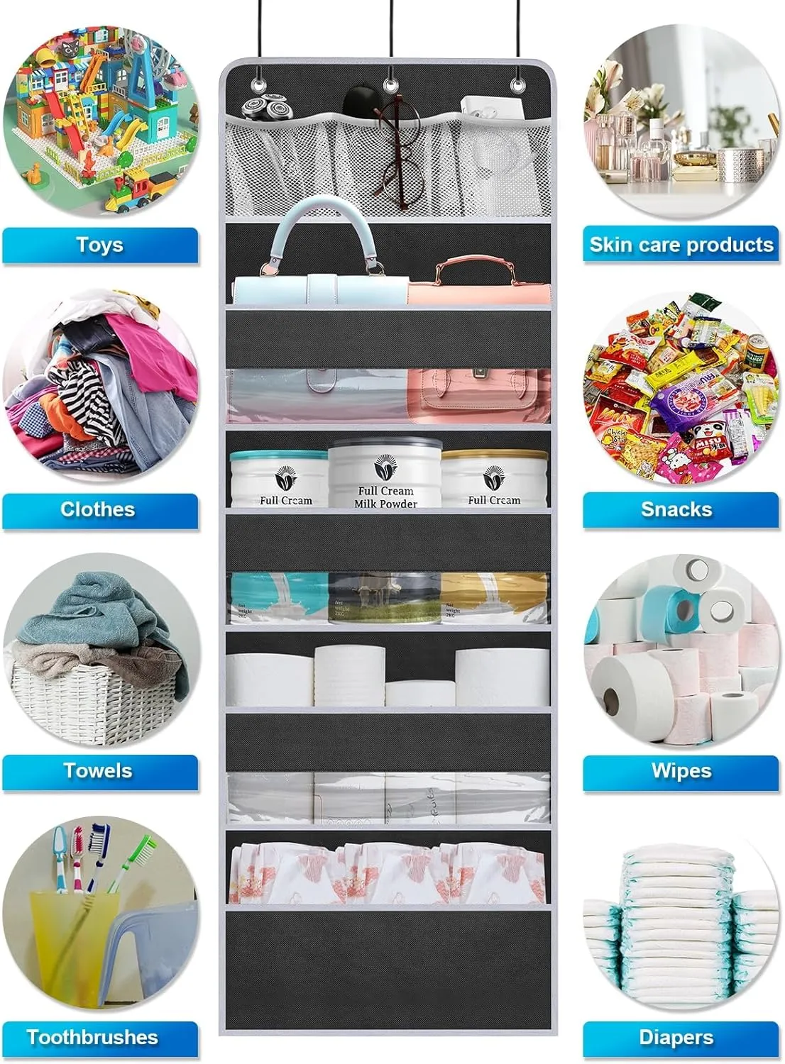 2 Pack Over the Door Storage Organizer, Space Saving Closet Hanging Organizer Large Capacity Behind Door Storage for Nursery Baby Essentials Pantry Bathroom Bedroom Diaper Organizer, Black