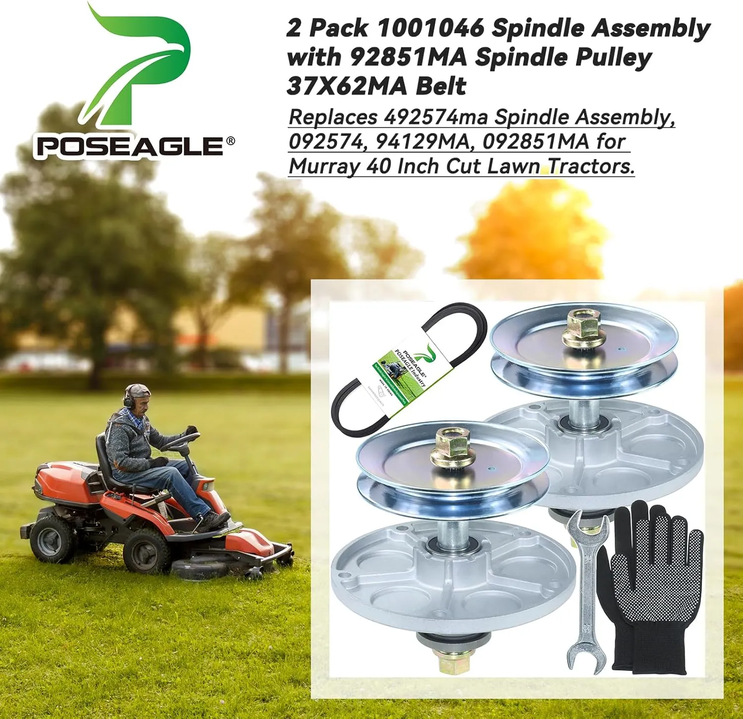 2 Pack Pre-Greased 1001046 Spindle Assembly with 92851MA Pulley 37X62MA Belt Replaces Murray 492574ma Spindle Assembly, 092574, 94129MA, 092851MA, 037X62A for 40 Inch Cut Lawn Tractors