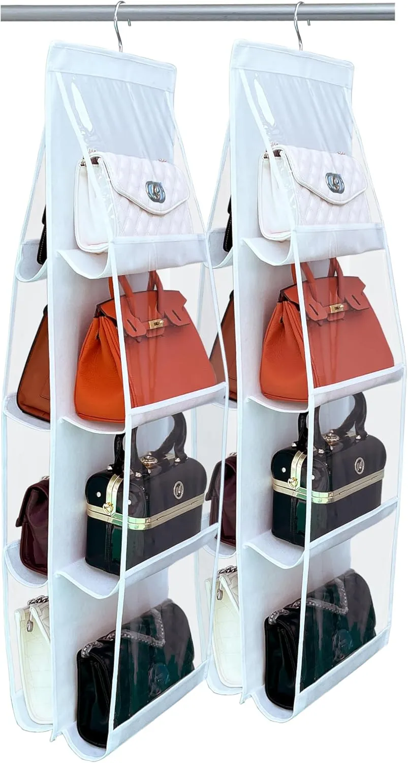 2 Pack Purse Organizer - Upgrade Larger 8 Pockets, Thicken Metal Hooks, Bag Organizer, Purse Hanger, White