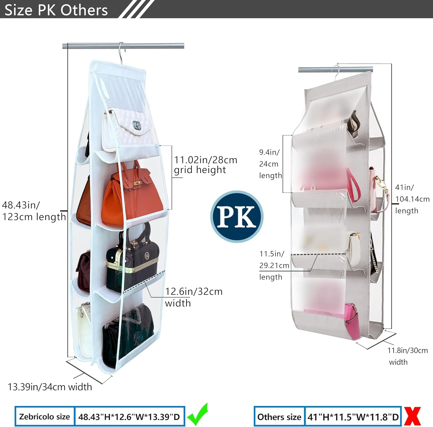 2 Pack Purse Organizer - Upgrade Larger 8 Pockets, Thicken Metal Hooks, Bag Organizer, Purse Hanger, White