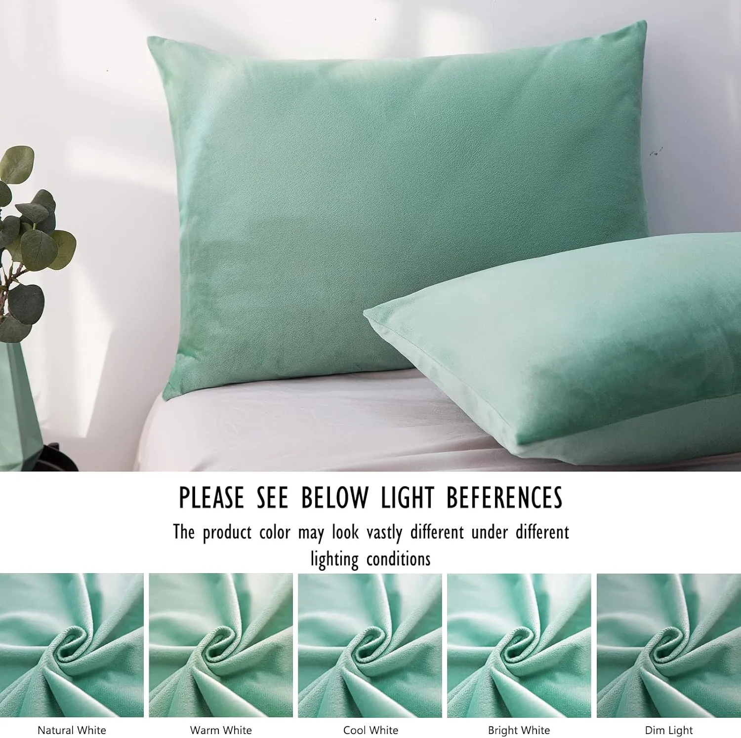 2 Pack Zippered Velvet Standard Pillowcases, Super Soft and Cozy Luxury Fuzzy Flannel Pillow Cases with Zipper, 20x26 Inches, Green