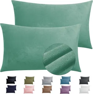 2 Pack Zippered Velvet Standard Pillowcases, Super Soft and Cozy Luxury Fuzzy Flannel Pillow Cases with Zipper, 20x26 Inches, Green