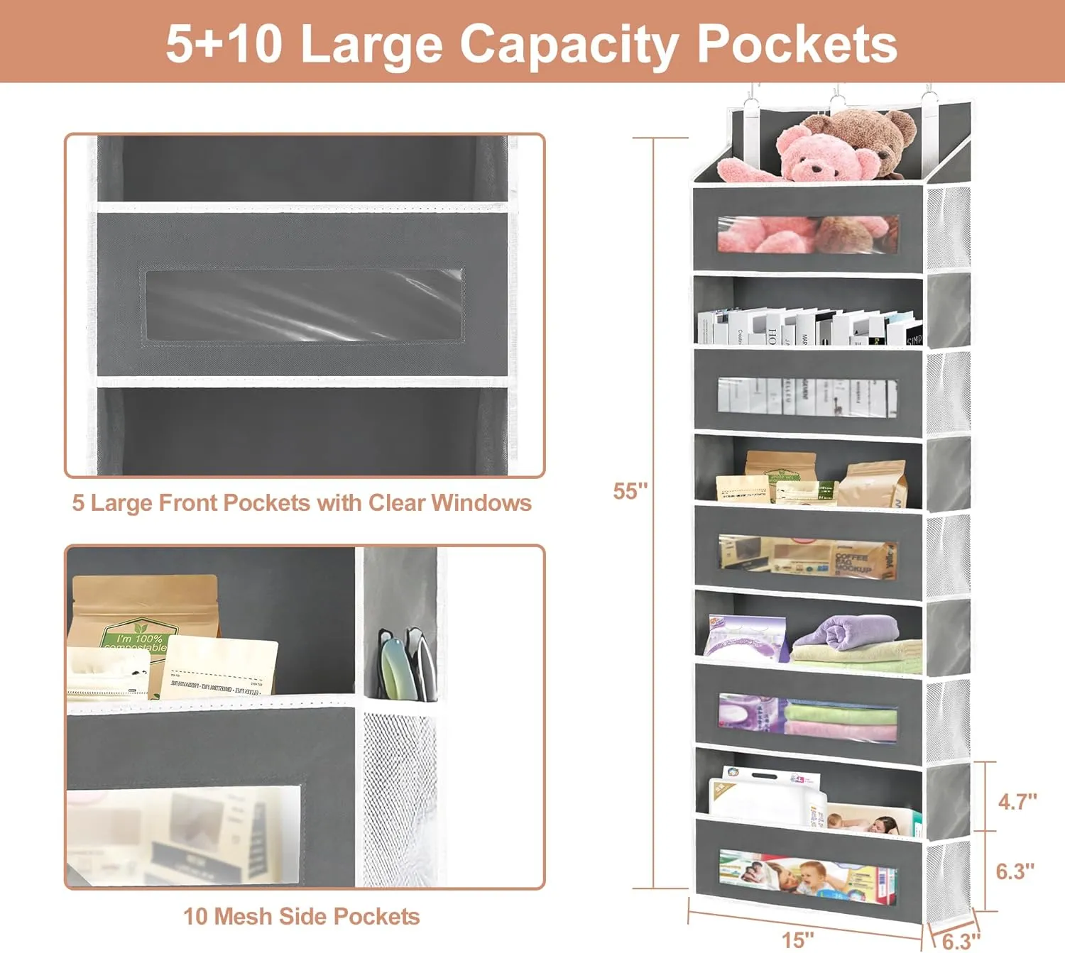 2 Packs 5-Tier Over the Door Storage Organizer with 10 Side Mesh Pockets, 48 lbs Load Capacity, 3 Hooks Design, Hanging Organizer with Clear Windows for Bathroom, Bedroom, Nursery, Kitchen-Grey