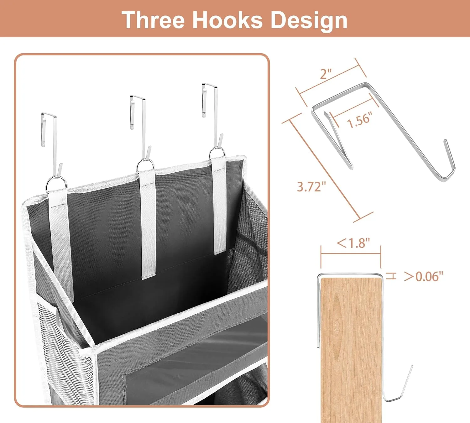2 Packs 5-Tier Over the Door Storage Organizer with 10 Side Mesh Pockets, 48 lbs Load Capacity, 3 Hooks Design, Hanging Organizer with Clear Windows for Bathroom, Bedroom, Nursery, Kitchen-Grey