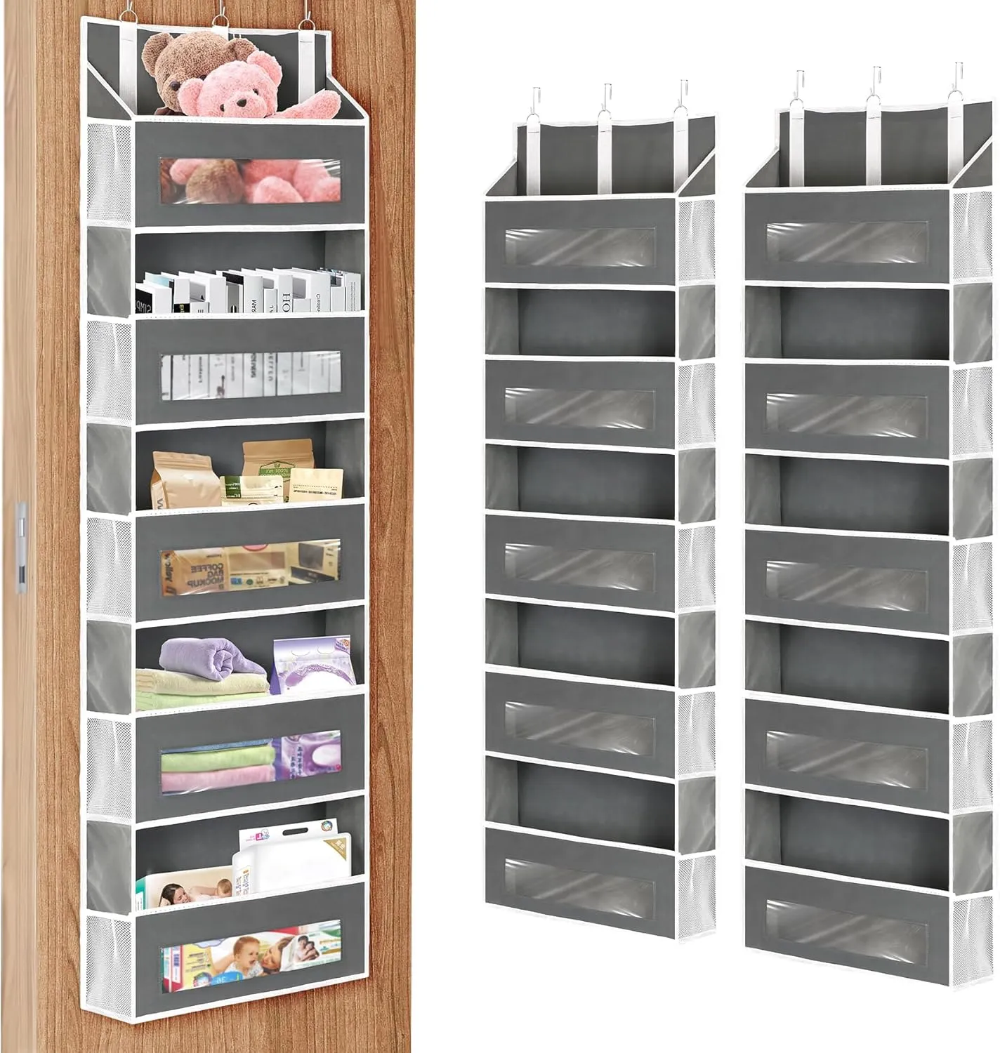 2 Packs 5-Tier Over the Door Storage Organizer with 10 Side Mesh Pockets, 48 lbs Load Capacity, 3 Hooks Design, Hanging Organizer with Clear Windows for Bathroom, Bedroom, Nursery, Kitchen-Grey