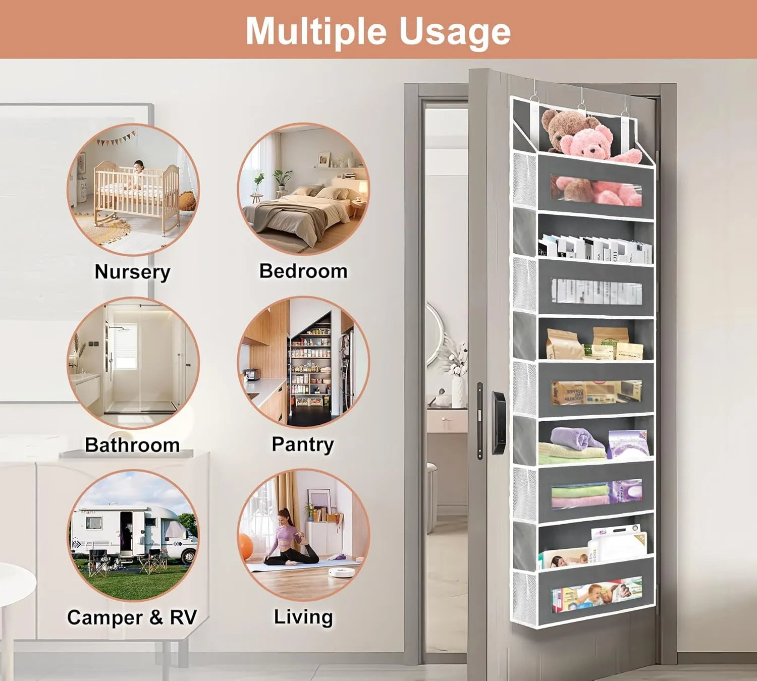 2 Packs 5-Tier Over the Door Storage Organizer with 10 Side Mesh Pockets, 48 lbs Load Capacity, 3 Hooks Design, Hanging Organizer with Clear Windows for Bathroom, Bedroom, Nursery, Kitchen-Grey