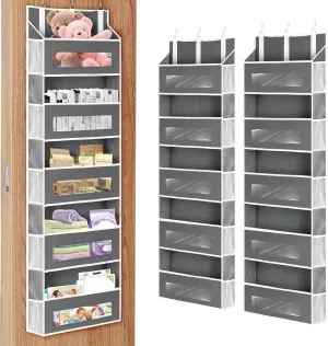 2 Packs 5-Tier Over the Door Storage Organizer with 10 Side Mesh Pockets, 48 lbs Load Capacity, 3 Hooks Design, Hanging Organizer with Clear Windows for Bathroom, Bedroom, Nursery, Kitchen-Grey