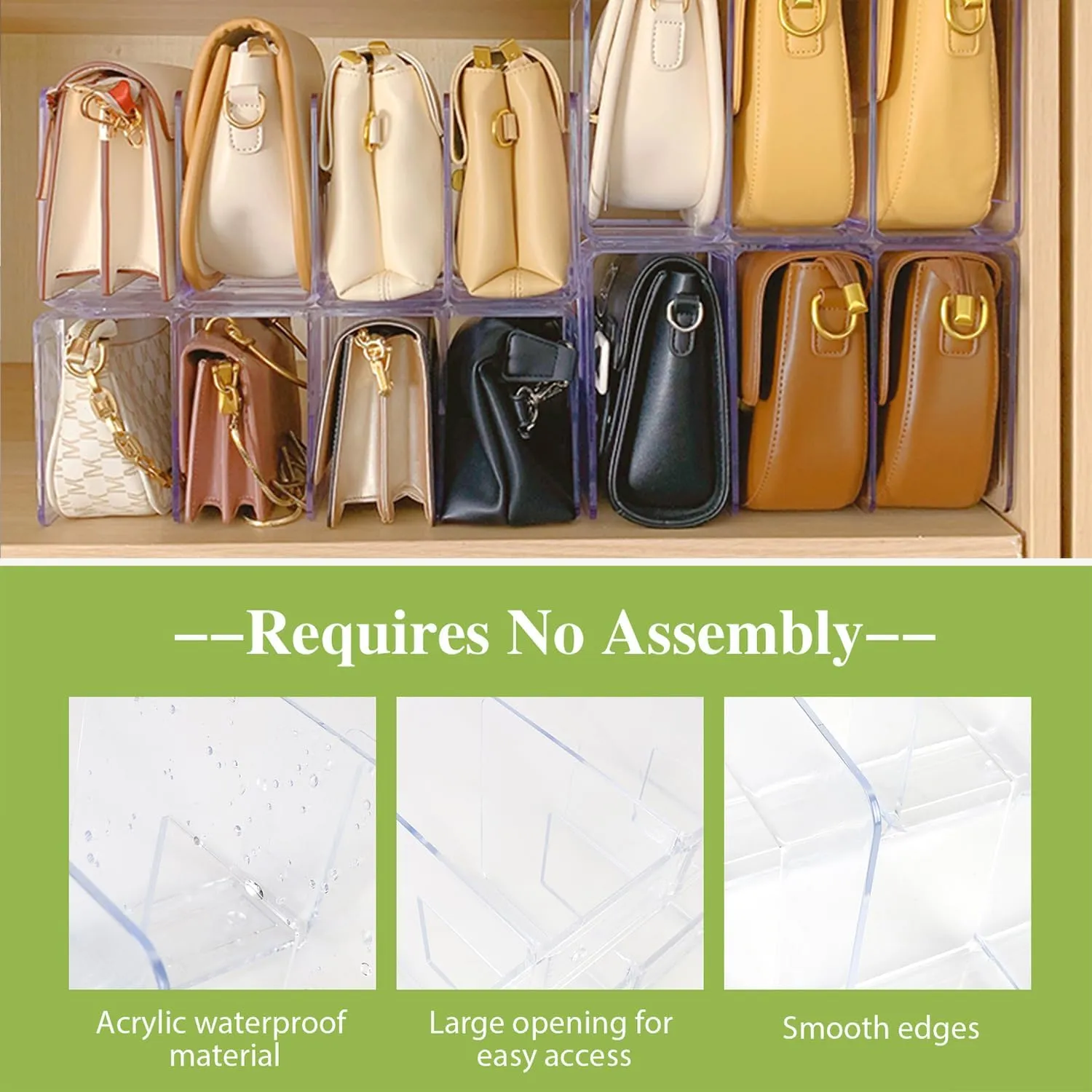 2 Pcs Acrylic Clear Purse Storage Organizers, 4 Sections Dividers in Bedroom Office (bright)