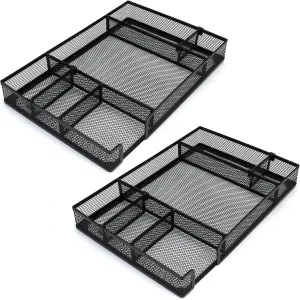 2 Pcs Desk Drawer Organizer Tray with Adjustable Compartments, 6 Grid Metal Mesh Drawer, Multi-use Desk Organizer Storage Box Set for Office,Home,School Supplies, 12.6X9X1.9 inch